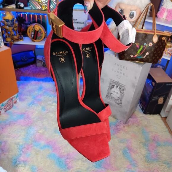 New in Box Balmain Uma Red Suede Leather Stiletto Ankle Strap sandals Heels size - Picture 7 of 7